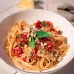 Teller mit Bandnudeln, Tomatensoße aus frischen Tomate, Kräutern und Parmesan