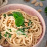 Japanische Udon-Nudeln mit Erdnuss-Kokos-Sauce und Spinat in einer kleinen Schale
